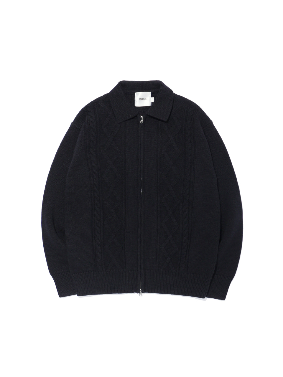 SOUNDSLIFE - ZIGZAG Cable Collar Knit Zip-Up Black