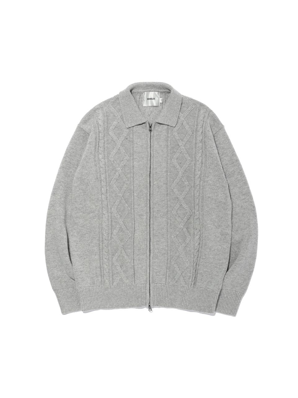 SOUNDSLIFE - ZIGZAG Cable Collar Knit Zip-Up Light Grey